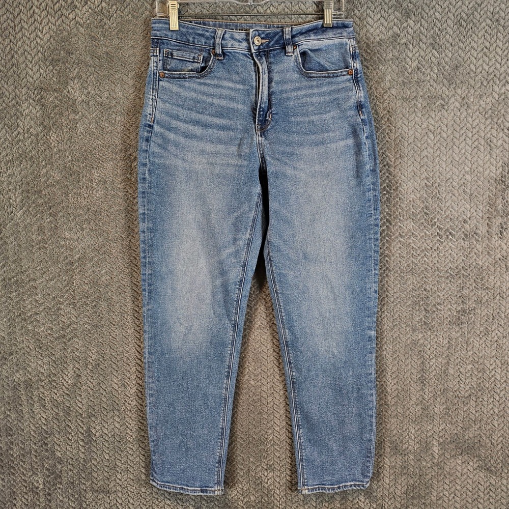 American Eagle Womens High Rise Mom‎ Jeans Medium Wash Blue Stretch Denim Size 8